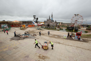 The Bleak grey and unfinished grounds at Dismaland.