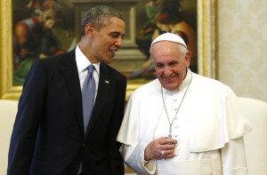 U.S. President Barack Obama talks to Pope Francis. Photo courtesy of Kevin Lamaraque/Reuters